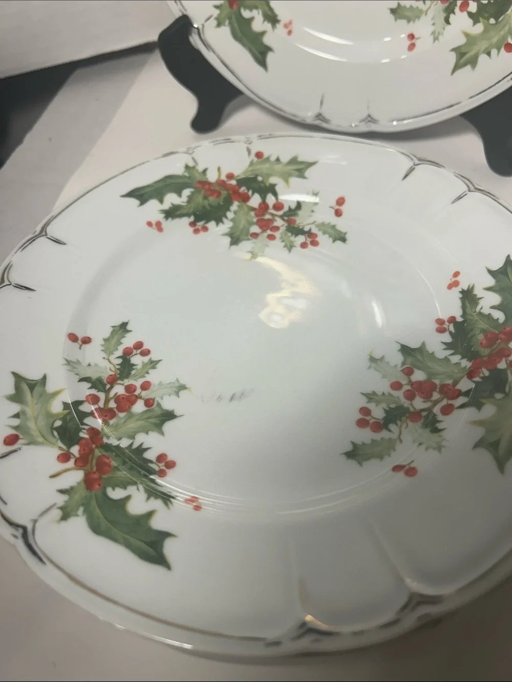 Pottery Barn White Holiday Holly Dinner Plates with Green Leaves and Red Berries